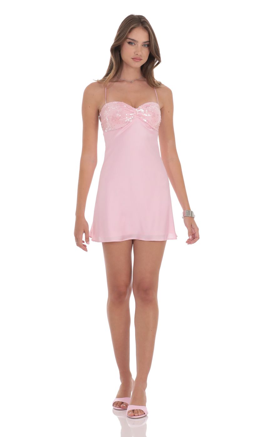 Lucy In The Sky Satin Sequin Bust Dress in Pink