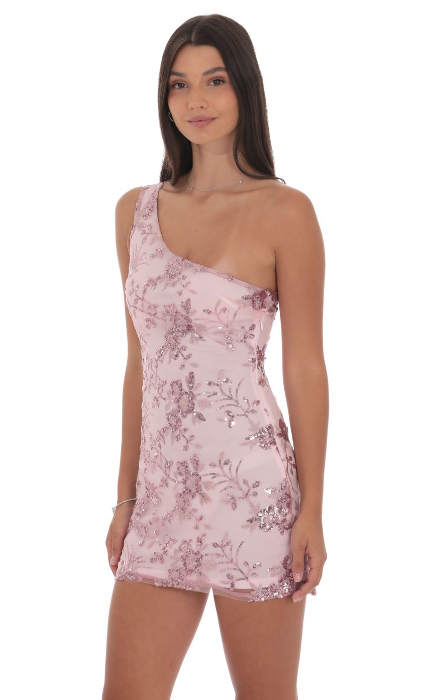Lucy In The Sky Floral Sequin One Shoulder Dress in Pink