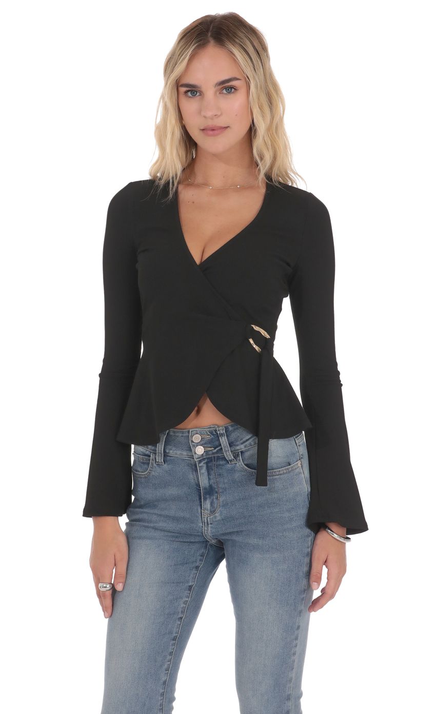Lucy In The Sky Embellished Wrap Top in Black