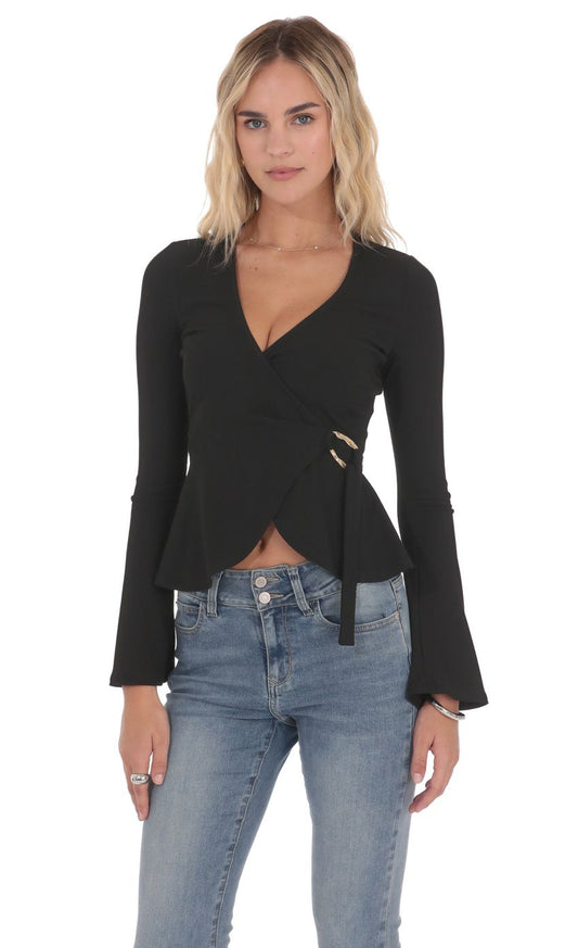 Lucy In The Sky Embellished Wrap Top in Black