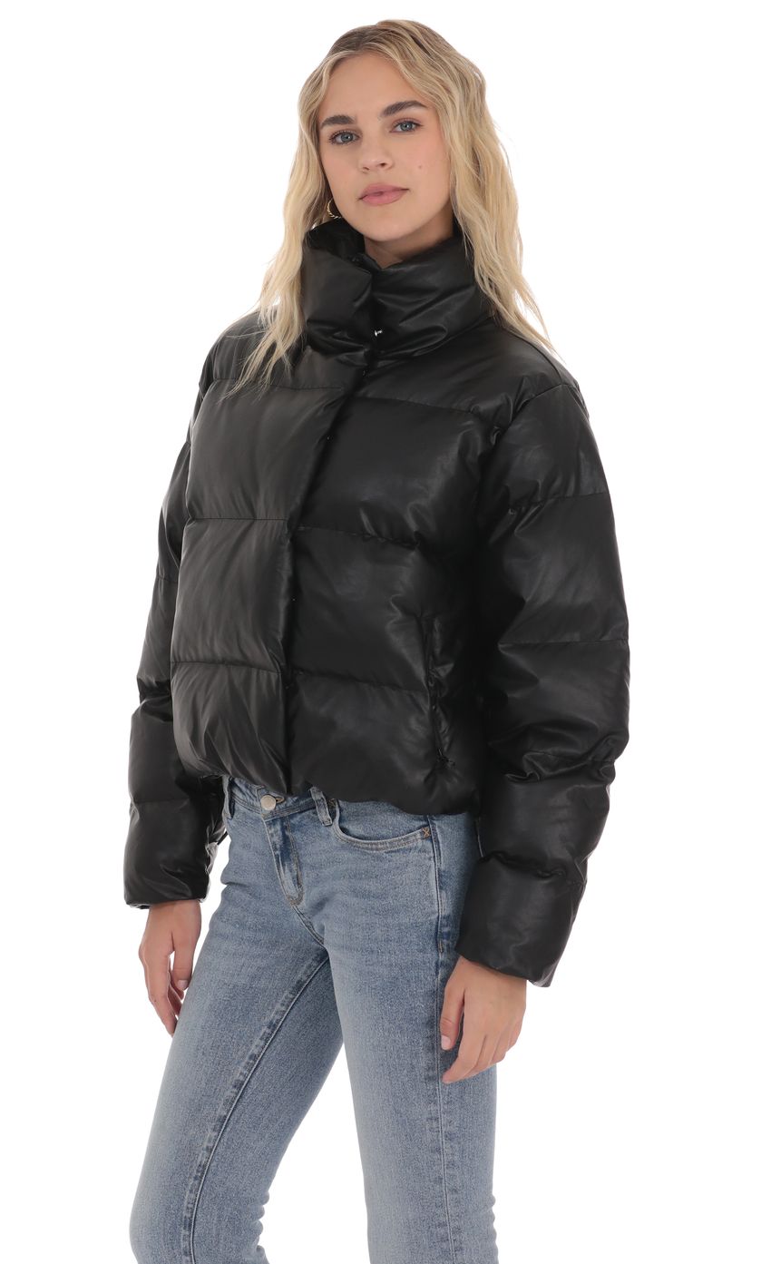 Lucy In The Sky Faux Leather Puffer Jacket in Black