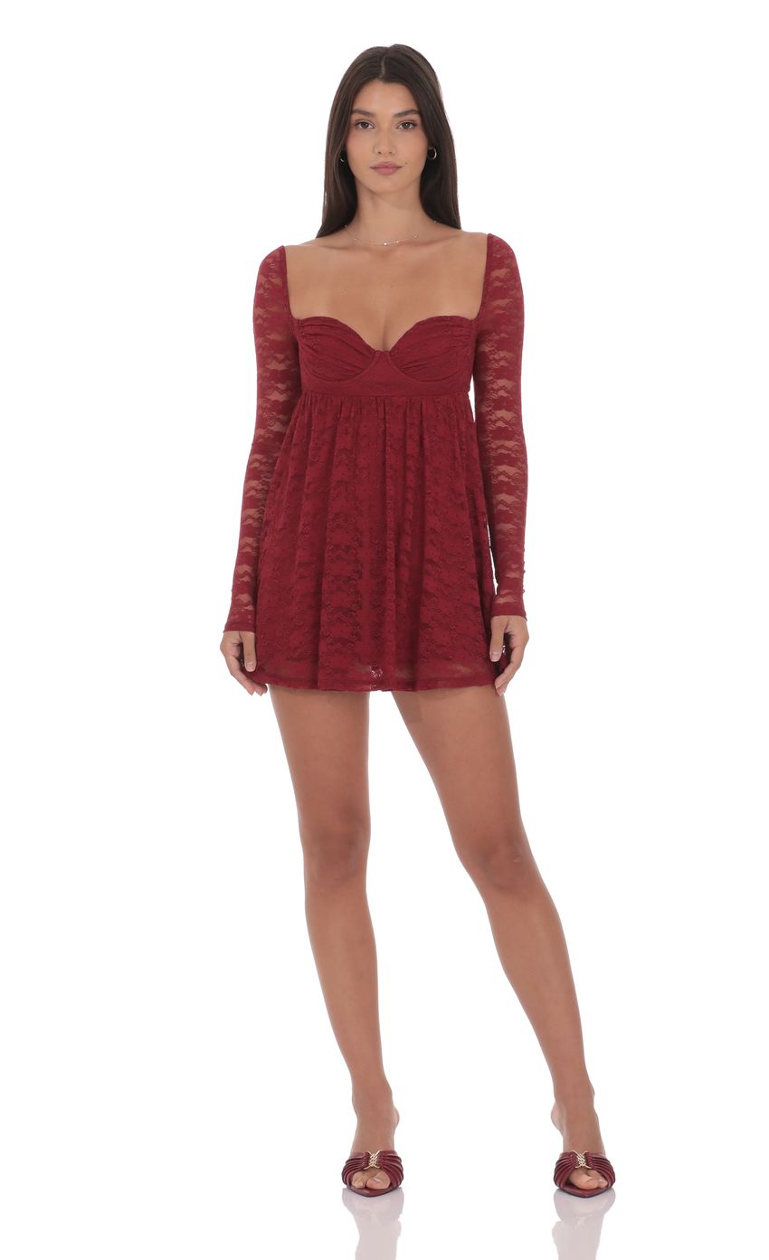 Lucy In The Sky Lace Long Sleeve Babydoll Dress in Maroon