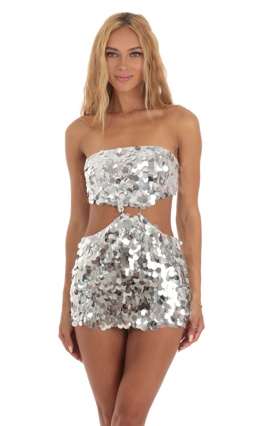 Lucy In The Sky Silver Sequin Cutout Dress in White