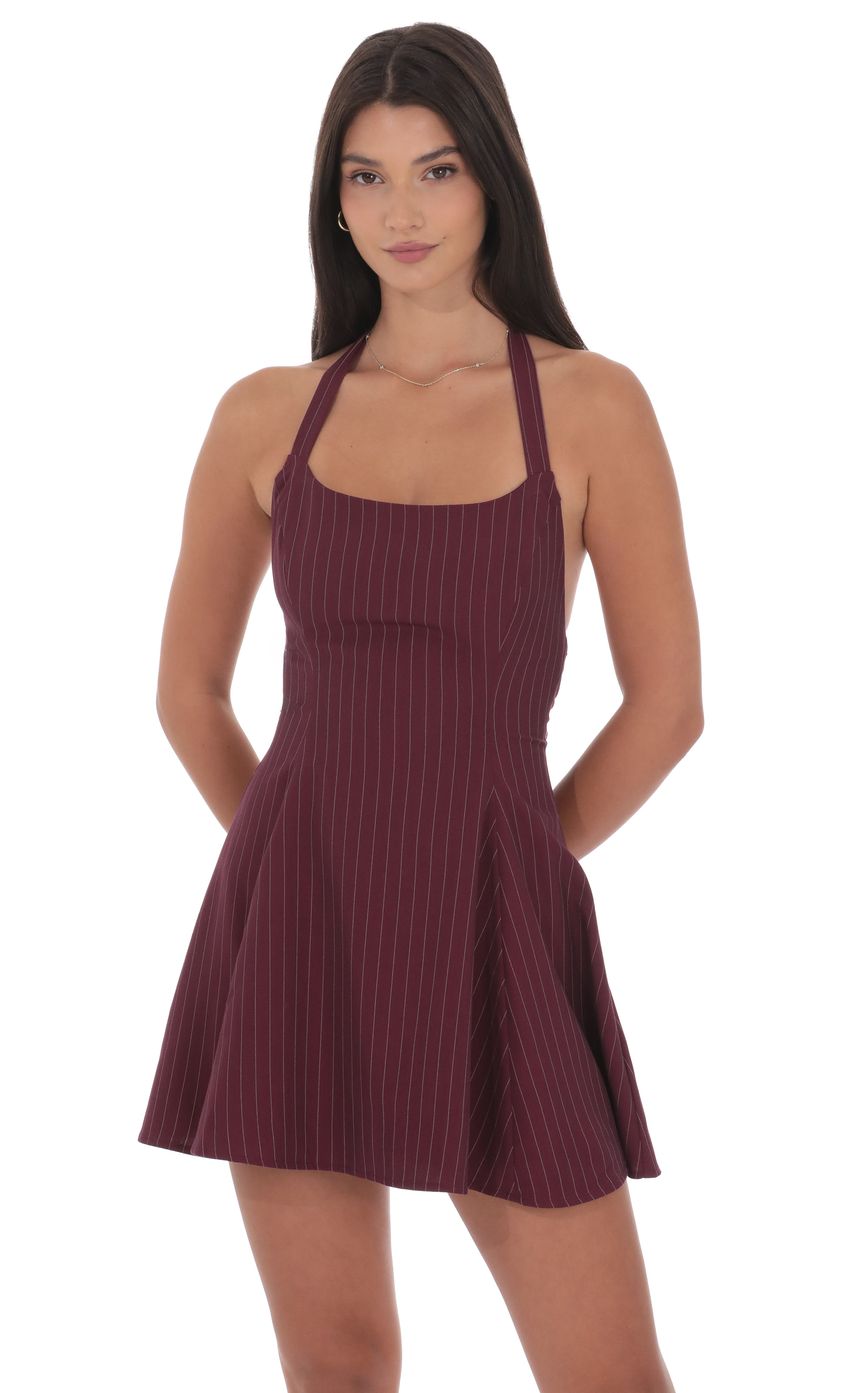 Lucy In The Sky Pinstripe Halter Fit and Flare Dress in Burgundy