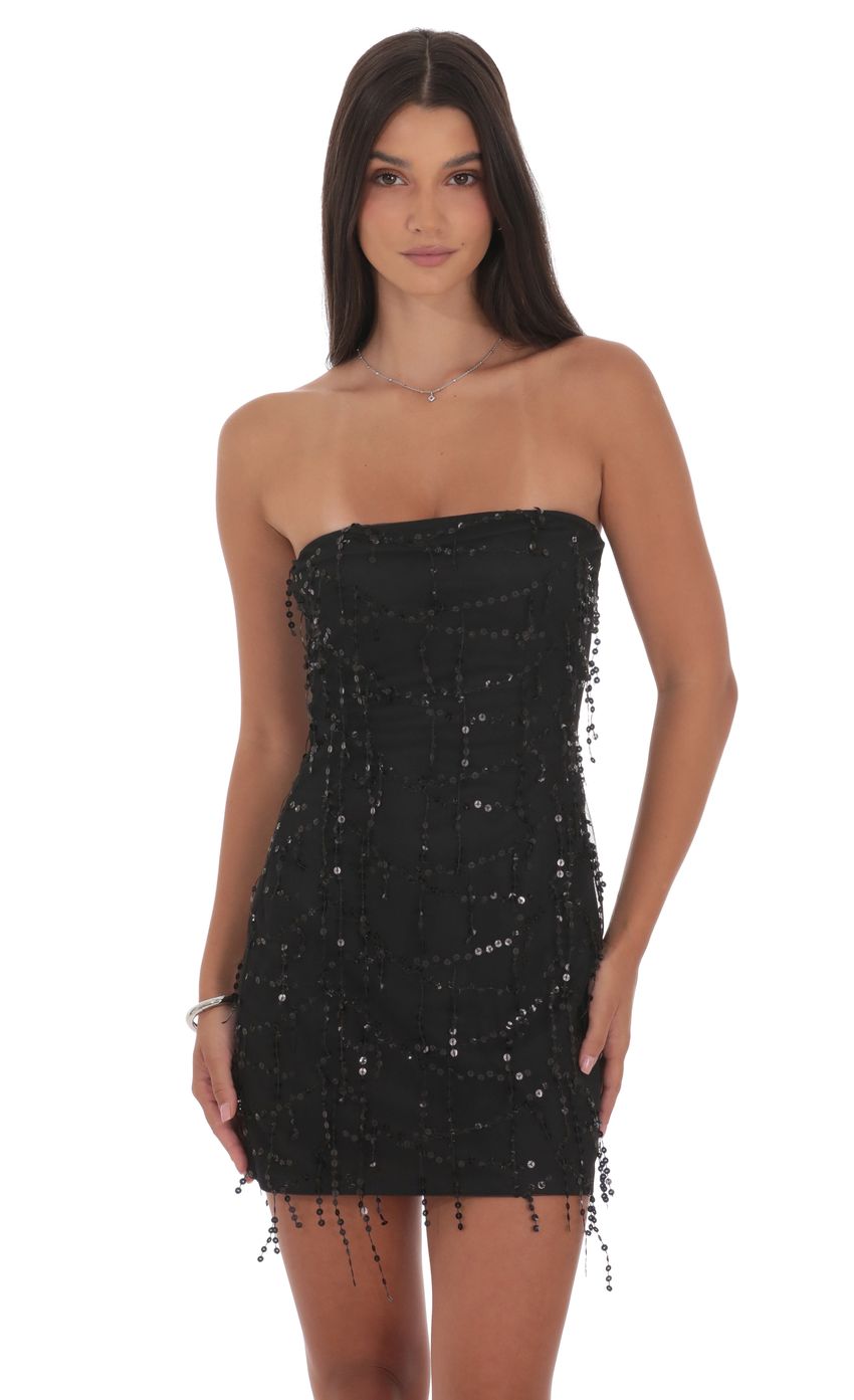 Lucy In The Sky Strapless Sequin Fringe Dress in Black