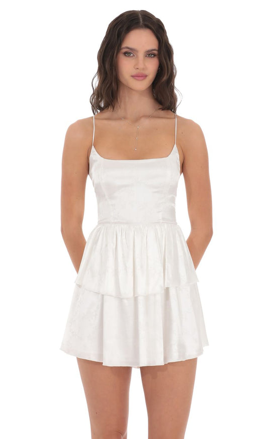 Lucy In The Sky Satin Jacquard Ruffle Dress in White