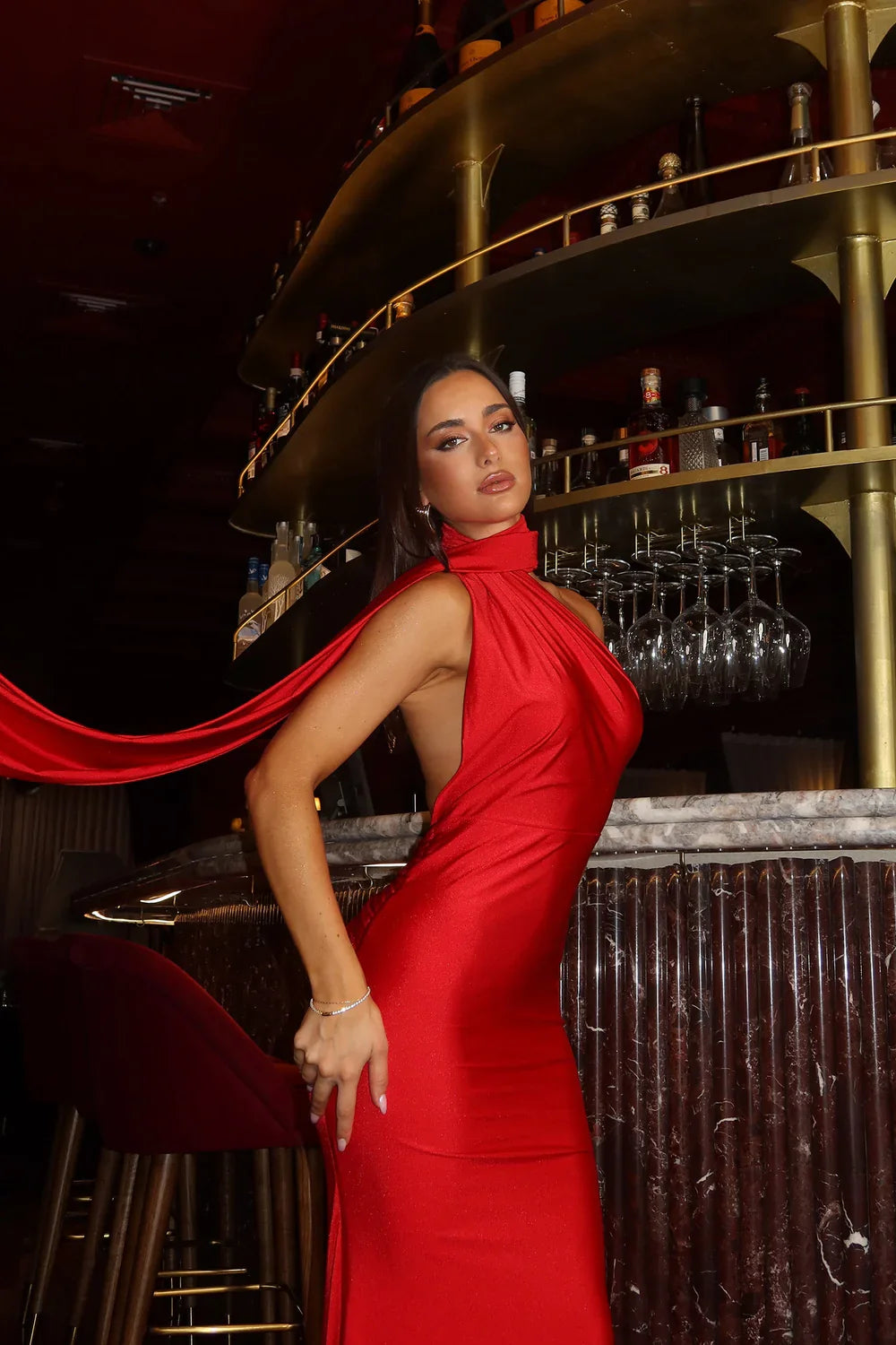 Alamour The Label Miley One Shoulder Scarf Jersey Red Gown