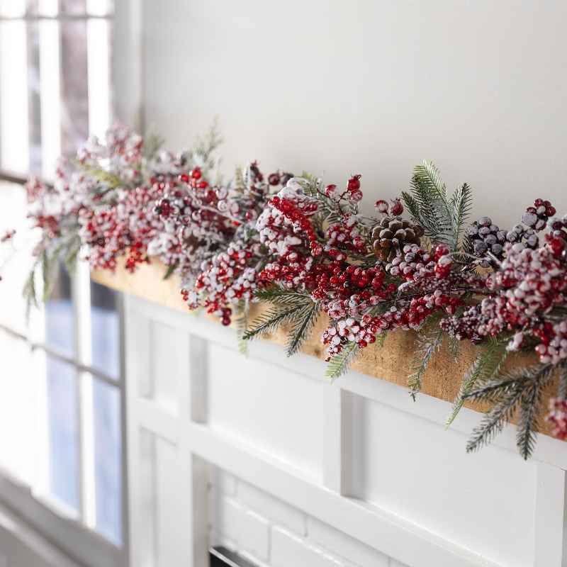 Wind and Weather Frosted Berries and Pine Boughs Holiday Garland, 71"L