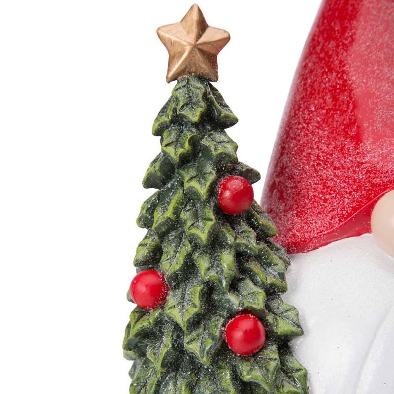 Wind and Weather White-Bearded Gnome in Red Santa Suit with Christmas Tree and Cardinal