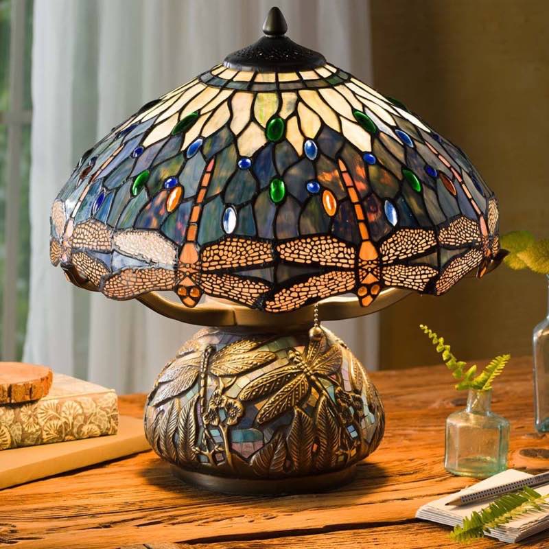 Wind and Weather Tiffany-Style Stained Glass Table Lamp with Dragonfly Motif and Metal Base