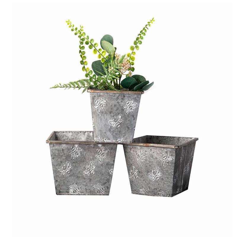 Wind and Weather Metal Bucket Planters with Bees, Set of 3