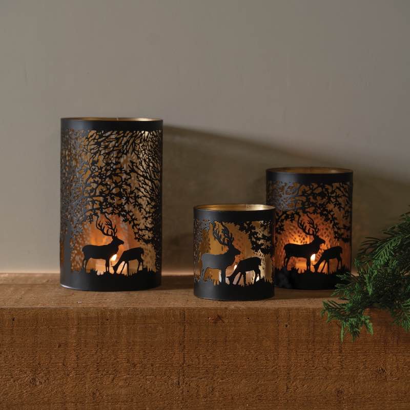 Wind and Weather Laser Cut Metal Hurricane Lanterns with Woodland Scene, set of 3