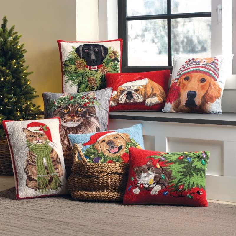 Wind and Weather Christmas Tree Cat Hooked Pillow