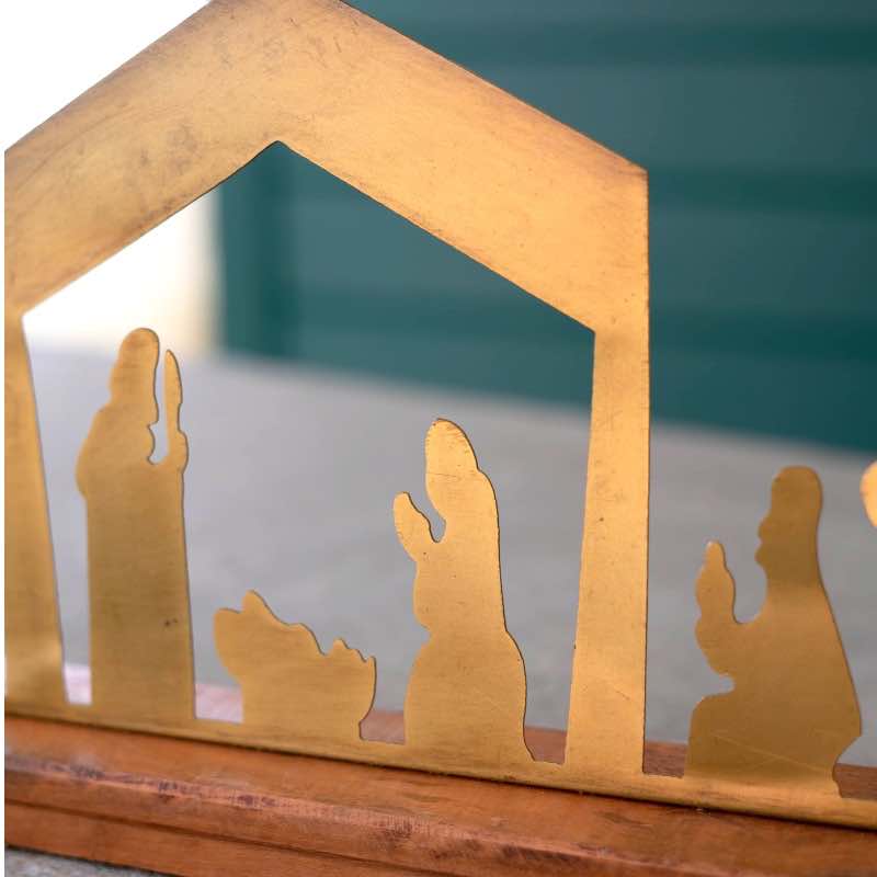 Wind and Weather Metal Nativity on a Wooden Stand