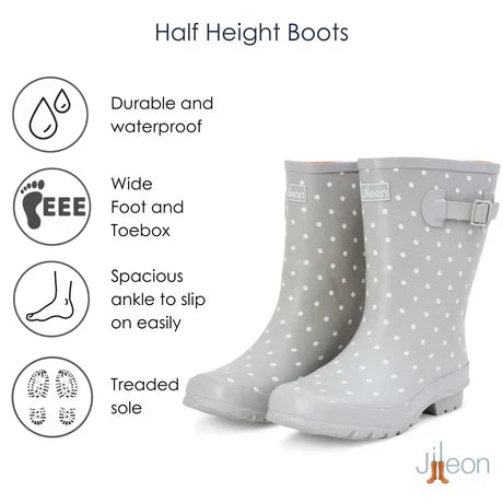 Jileon Rain Boots Half Height Rain Boots - Gray with White Spots - Wide Foot & Ankle