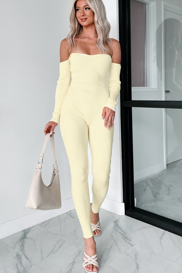 NanaMacs Telling Secrets Off The Shoulder Ribbed Catsuit (Yellow)