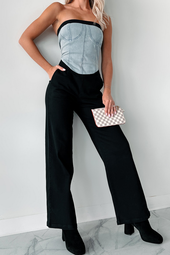 NanaMacs DOORBUSTER Blocking The Haters Denim Contrast Jumpsuit (Black/Denim)