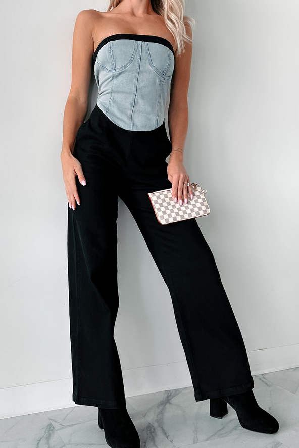 NanaMacs DOORBUSTER Blocking The Haters Denim Contrast Jumpsuit (Black/Denim)