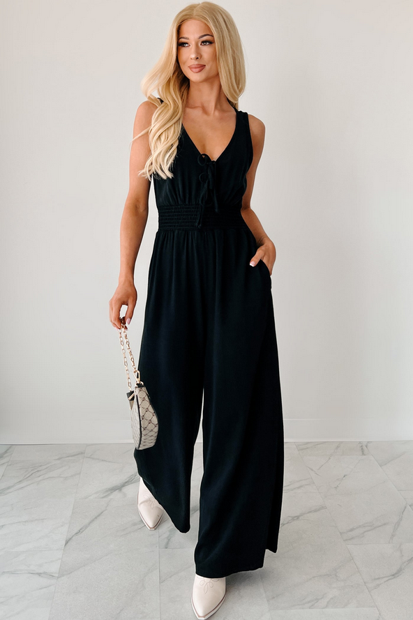 NanaMacs Nature's Glow Linen Smocked Waist Jumpsuit (Black)