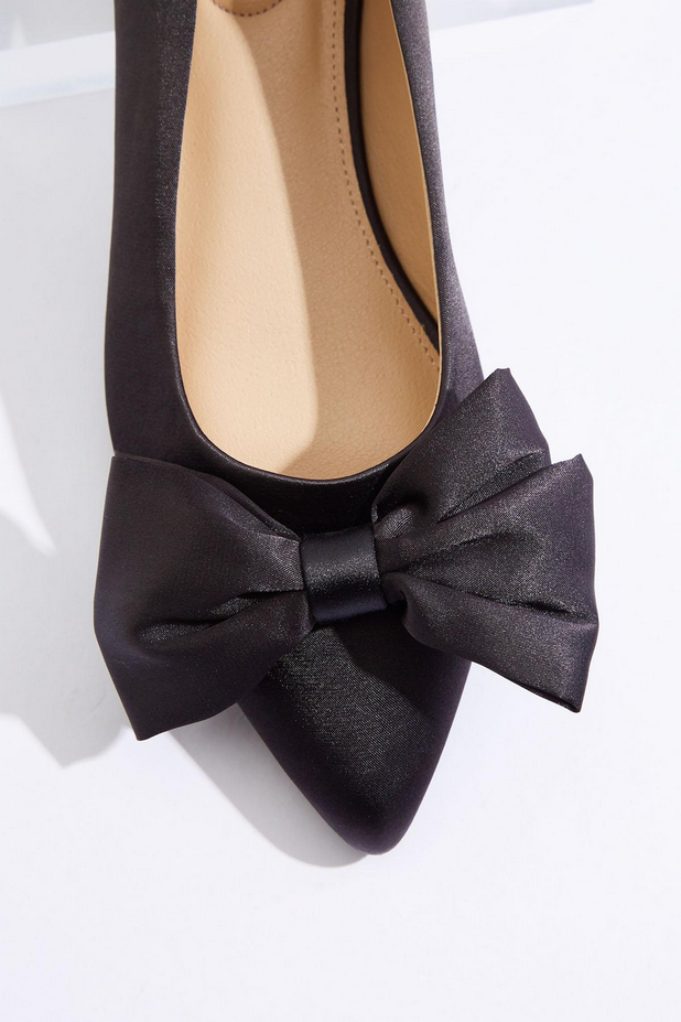 Cato Fashions Bow Vamp Black Satin Flats - IDEAL BLACK