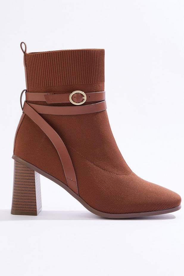 Cato Fashions Buckle Strap Ankle Sock Boots - CAPPUCCINO
