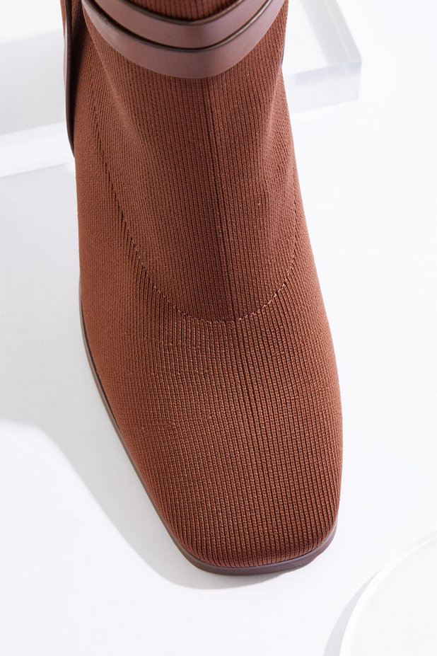 Cato Fashions Buckle Strap Ankle Sock Boots - CAPPUCCINO