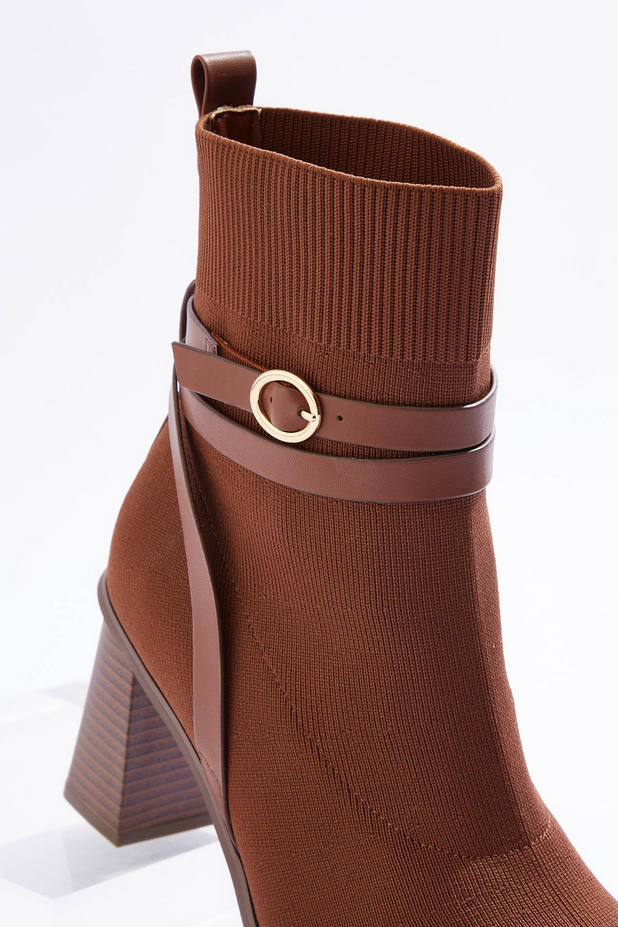 Cato Fashions Buckle Strap Ankle Sock Boots - CAPPUCCINO