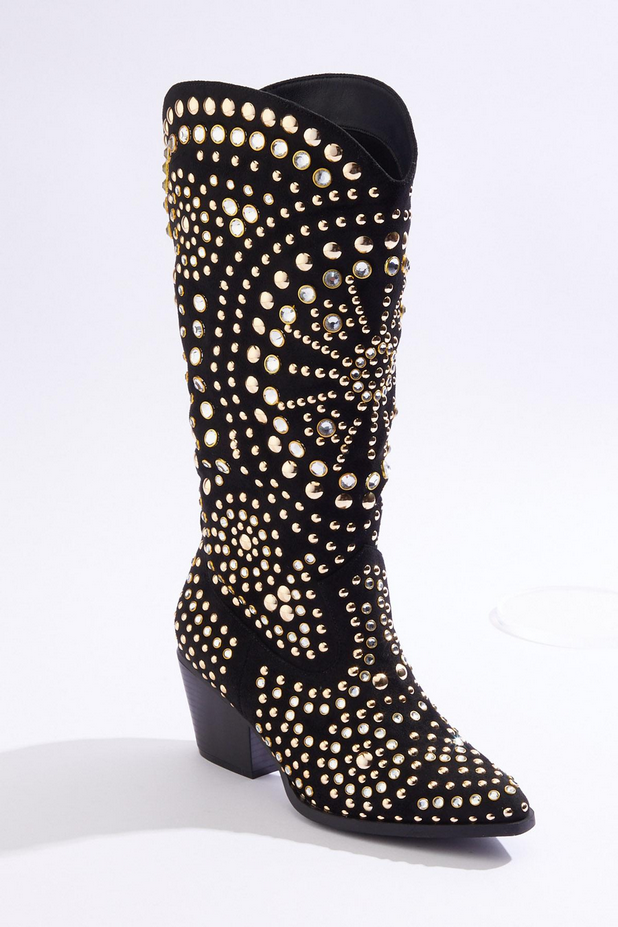 Cato Fashions Gold Rhinestone Studded Faux Suede Western Boots - NEW BLACK