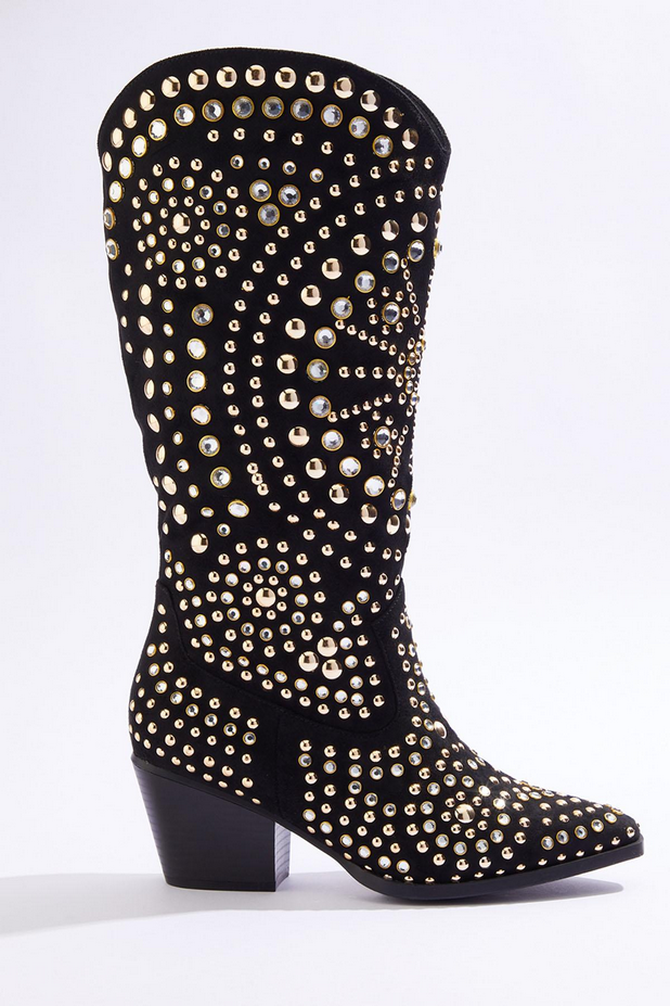 Cato Fashions Gold Rhinestone Studded Faux Suede Western Boots - NEW BLACK