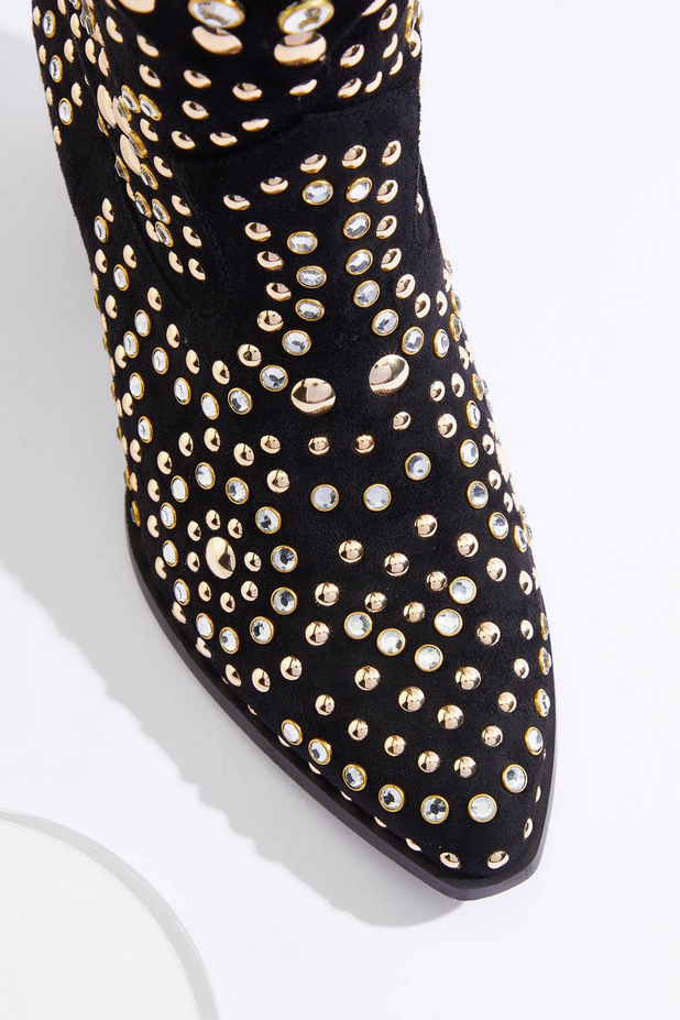 Cato Fashions Gold Rhinestone Studded Faux Suede Western Boots - NEW BLACK