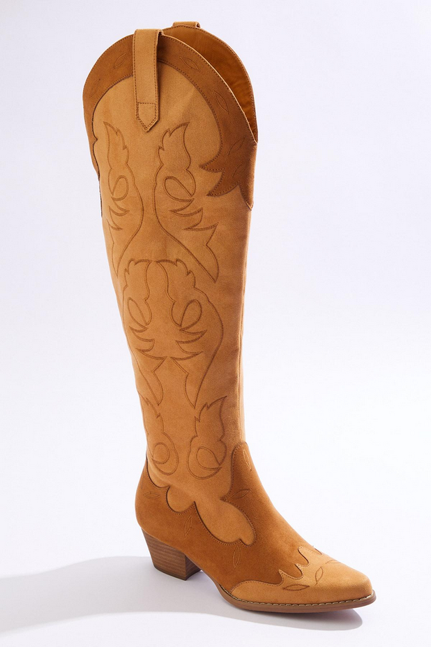 Cato Fashions Faux Suede Western Stitch Color Block Tall Boots - BROWN
