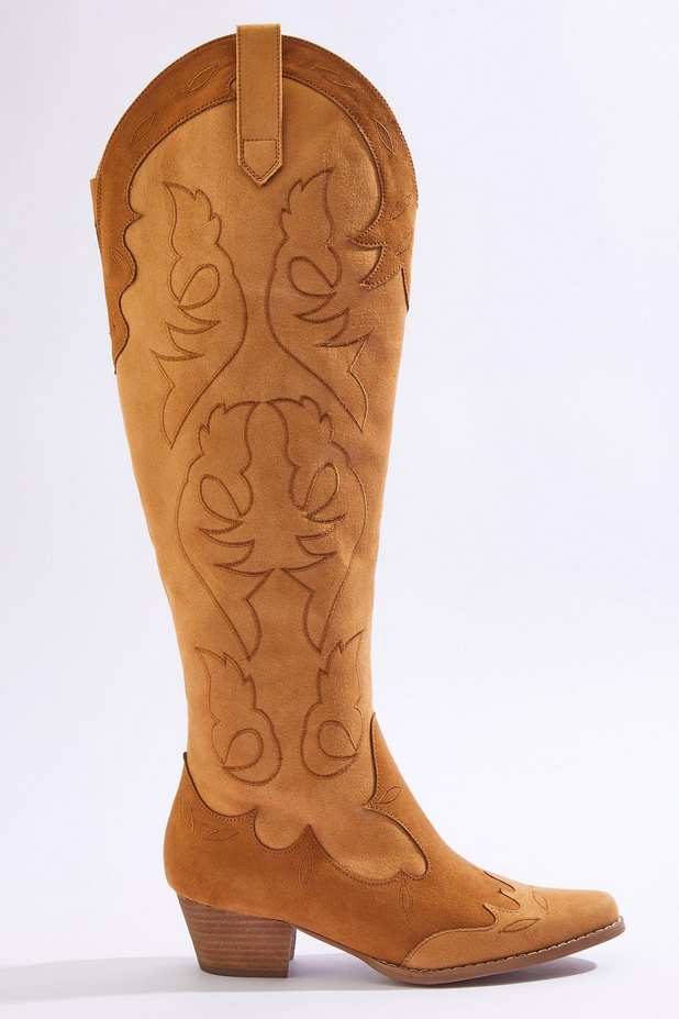Cato Fashions Faux Suede Western Stitch Color Block Tall Boots - BROWN
