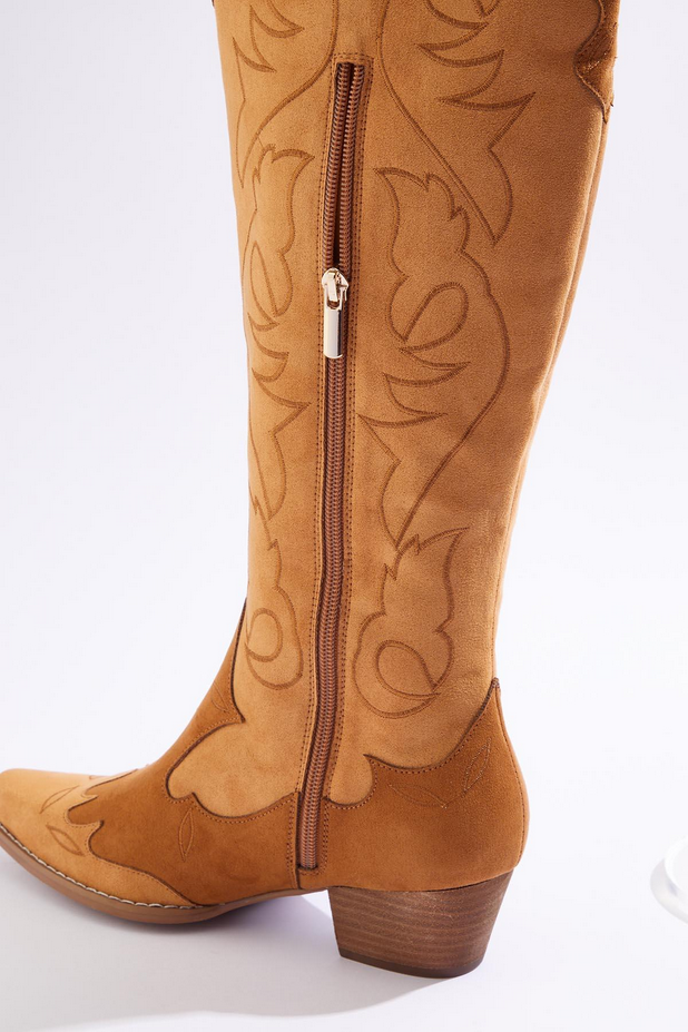 Cato Fashions Faux Suede Western Stitch Color Block Tall Boots - BROWN