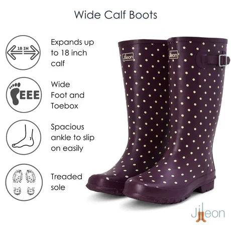 Jileon Rain Boots Wide Calf Rain Boots - 15 to 18 inch calf - Purple Spot - Wide Fit in Foot and Ankle