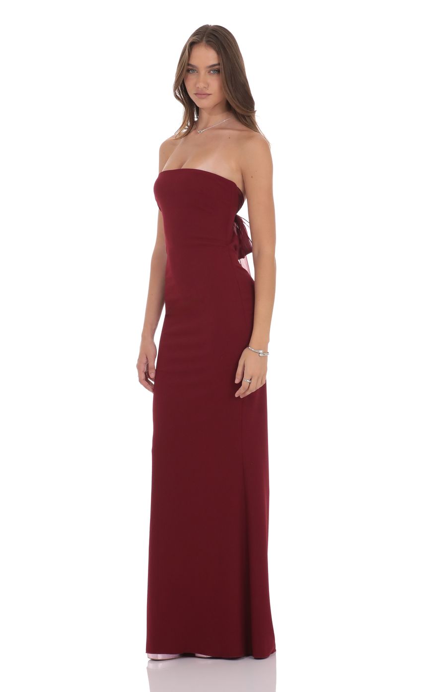 Lucy In The Sky Back Bow Strapless Maxi Dress in Burgundy
