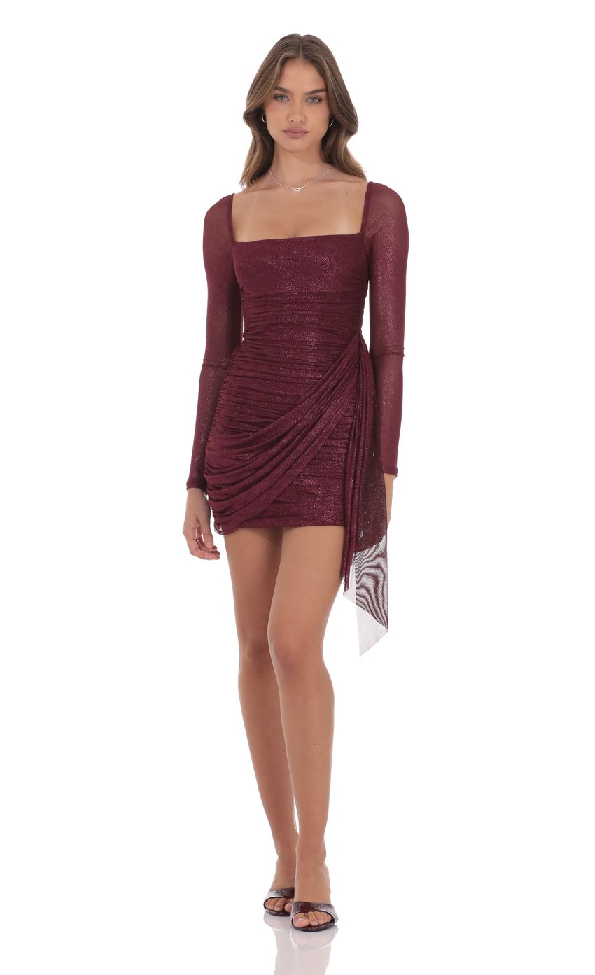 Lucy In The Sky Foil Mesh Long Sleeve Tassel Dress in Burgundy