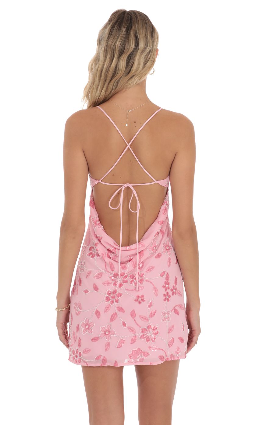 Lucy In The Sky Floral Sequin Open Back Dress in Pink