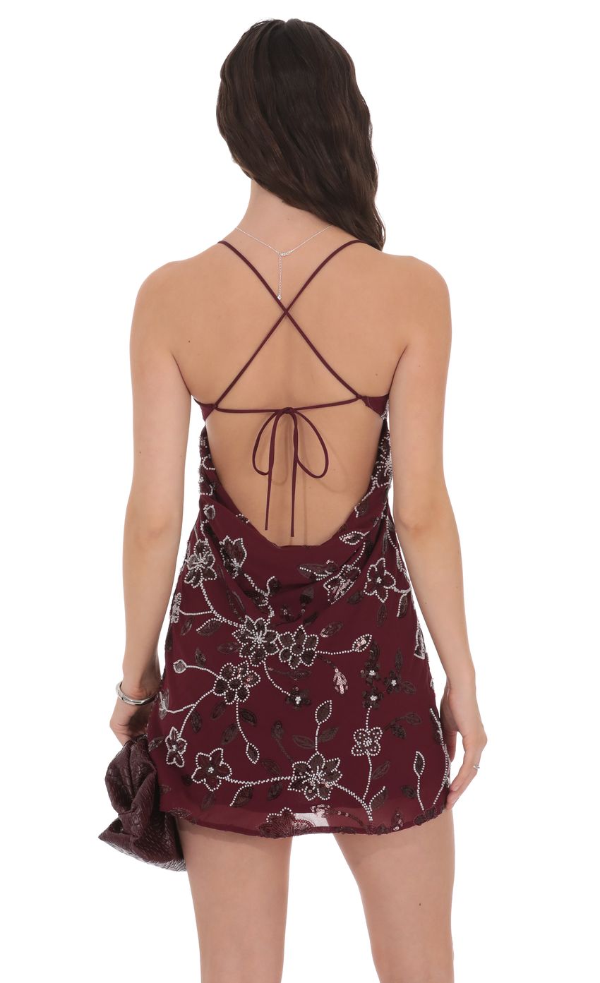 Lucy In The Sky Floral Beaded Sequin Open Back Dress in Burgundy