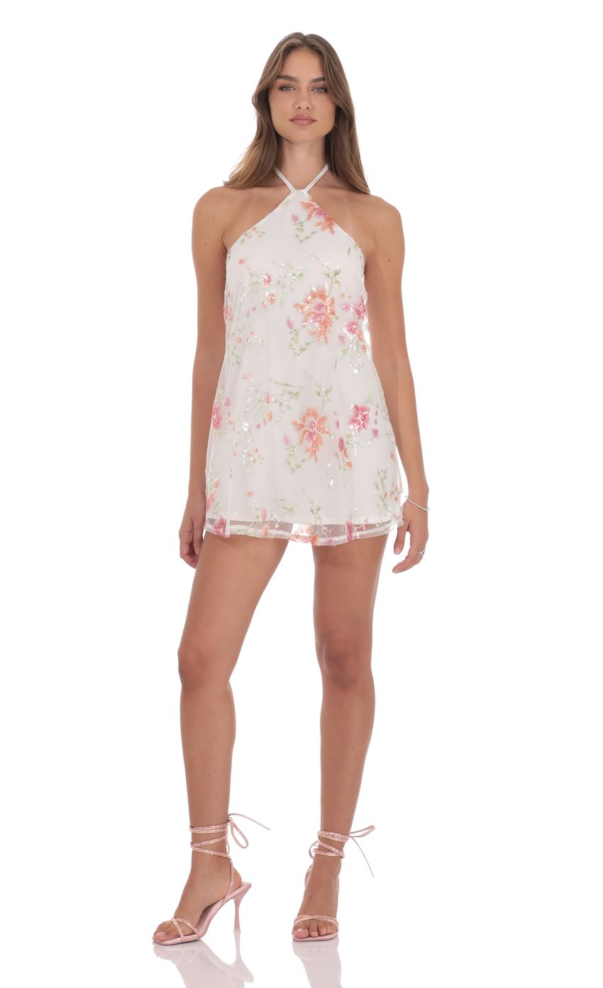 Lucy In The Sky Floral Sequin Halter Shift Dress in White