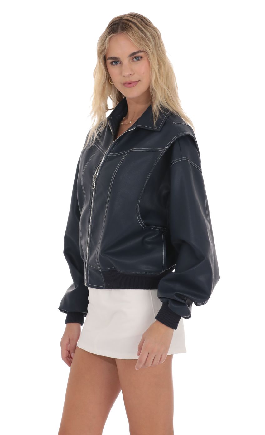 Lucy In The Sky Faux Leather Bomber in Navy