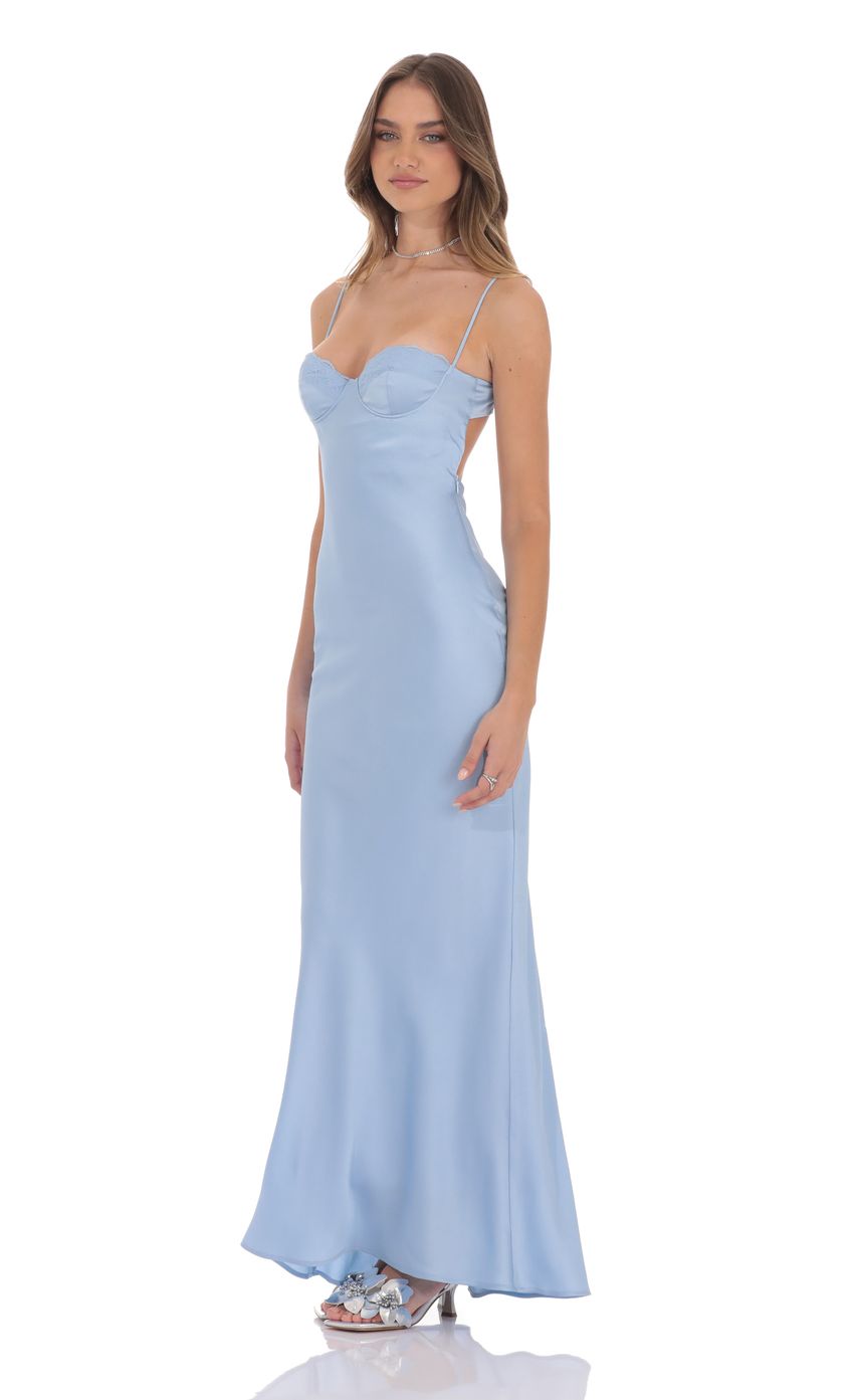 Lucy In The Sky Open Back Satin Maxi Dress in Light Blue