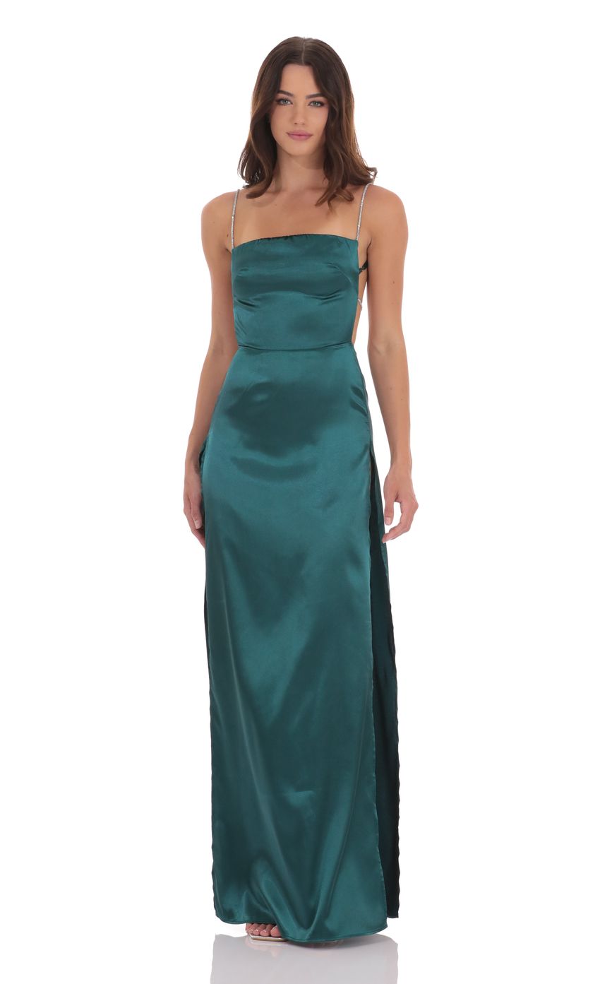 Lucy In The Sky Rhinestone Satin Maxi Dress in Green