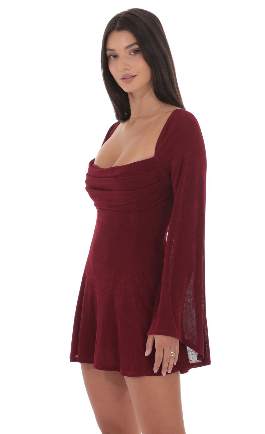 Lucy In The Sky Slinky Flare Sleeve Dress in Burgundy