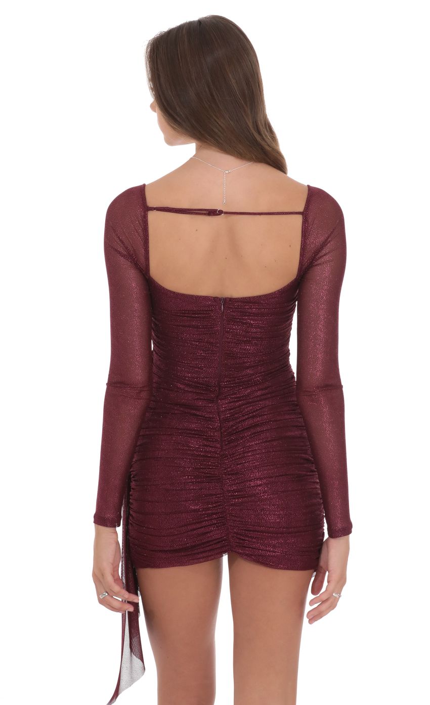 Lucy In The Sky Foil Mesh Long Sleeve Tassel Dress in Burgundy
