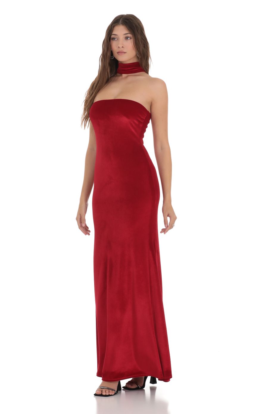 Lucy In The Sky Velvet Reverse Halter Maxi Dress in Red