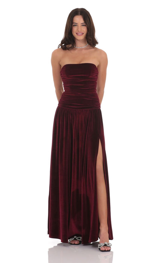Lucy In The Sky Velvet Ruched Drop Waist Maxi Dress in Wine