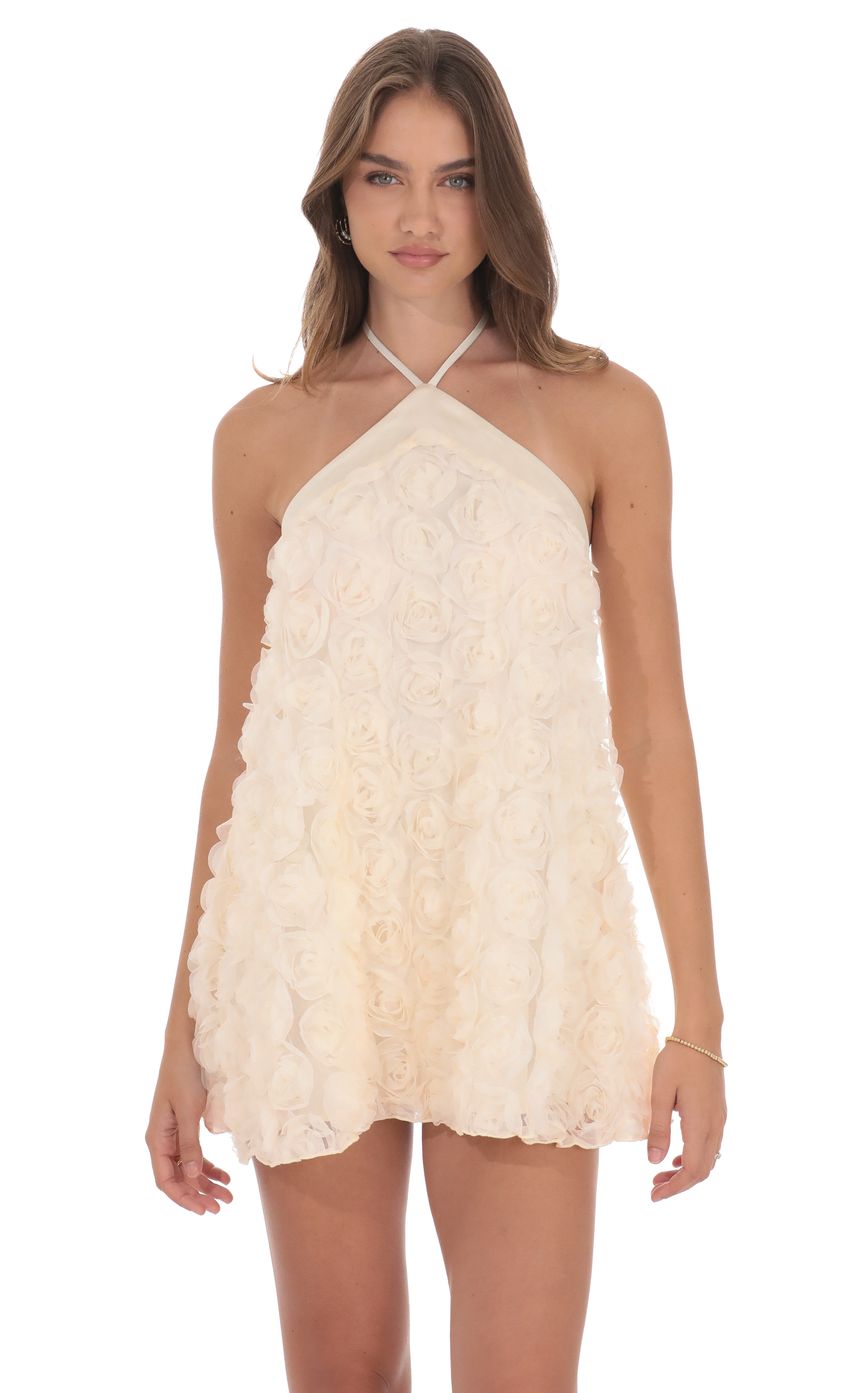 Lucy In The Sky Satin Trim Floral Halter Dress in Ivory