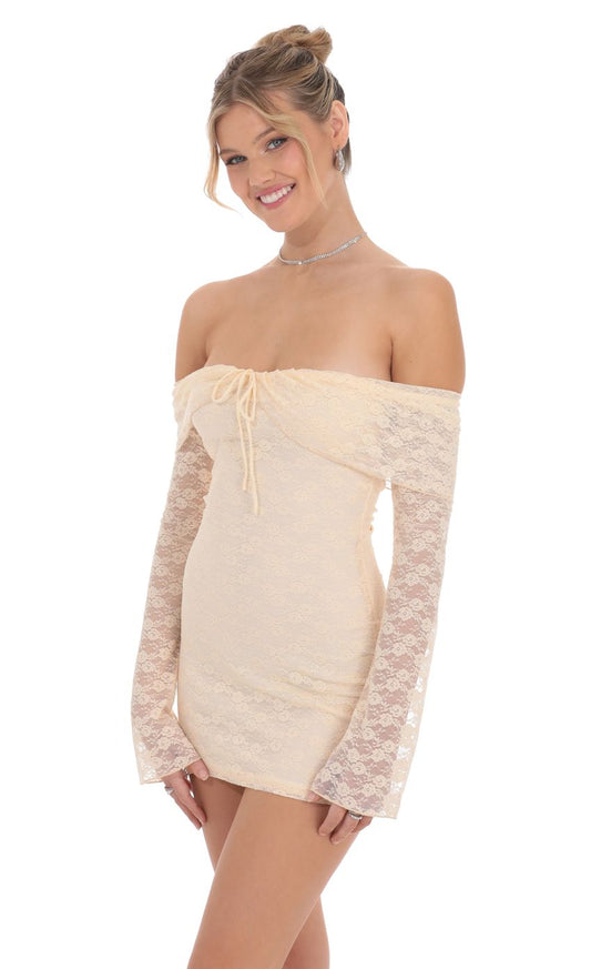 Lucy In The Sky Lace Draped Off Shoulder Dress in Pastel Peach