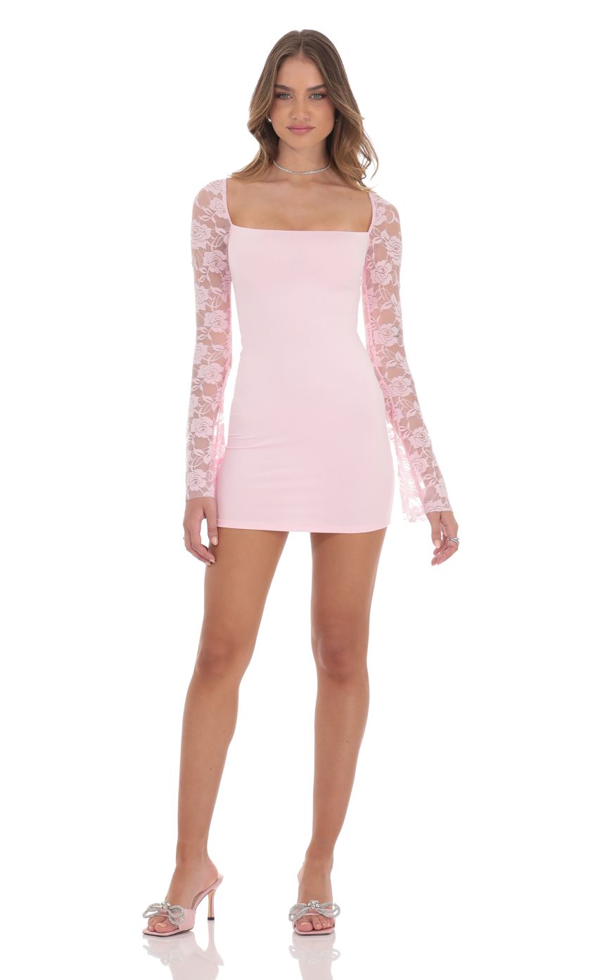 Lucy In The Sky Floral Lace Long Sleeve Dress in Pink