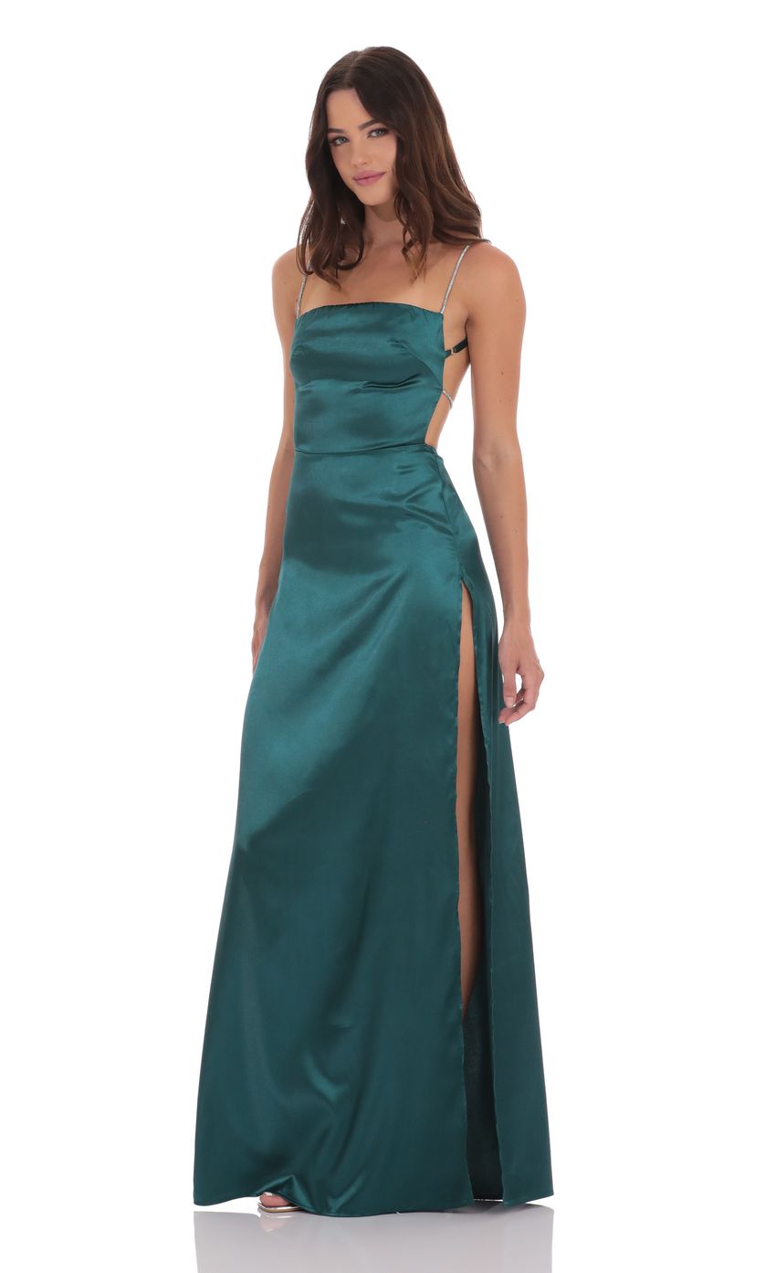 Lucy In The Sky Rhinestone Satin Maxi Dress in Green